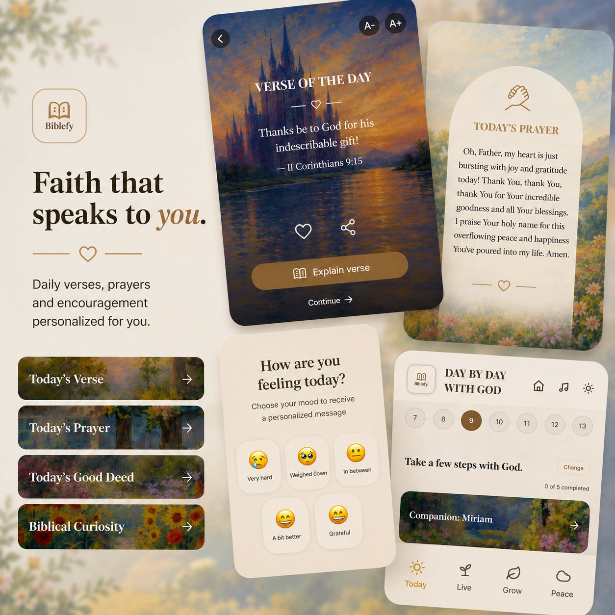 Biblefy app preview showing verse of the day, prayer card and mood check-in