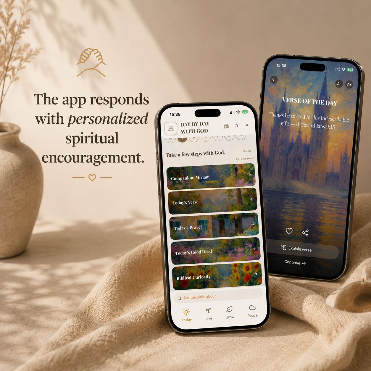 Two phones showing the Day-by-Day journey and Verse of the Day